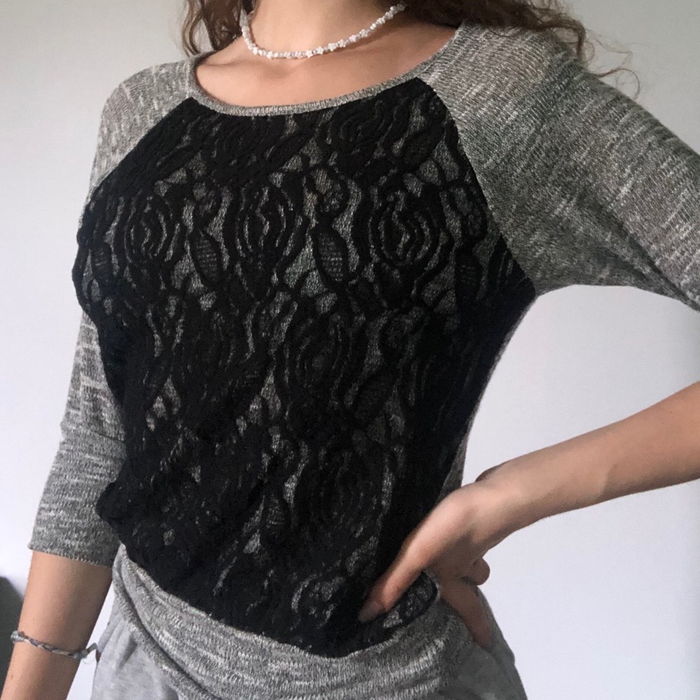 grey & black sweater tshirt with lace design